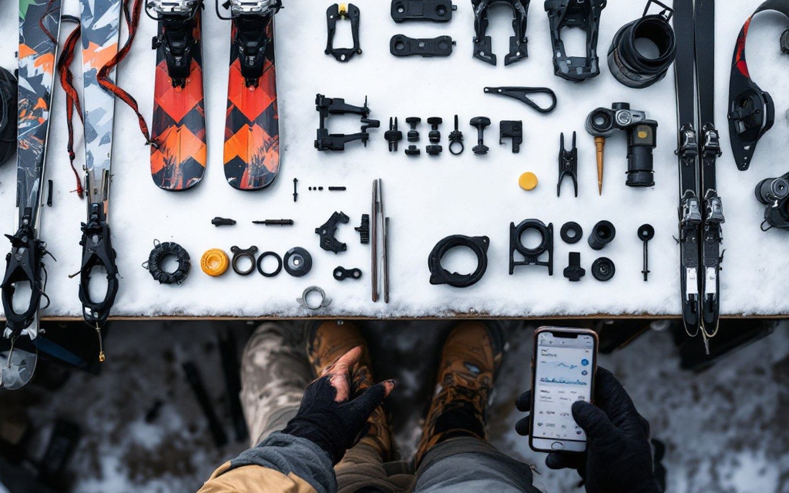 Skis and disassembled binding parts laid out in snow above a person checking a phone